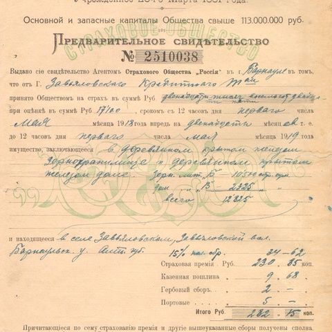Страховое общество Россия в Петрограде 1919 год