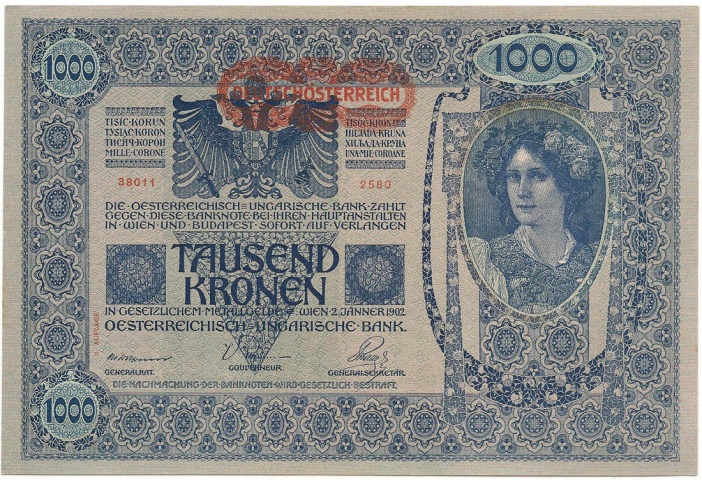 1000 крон, 1902 год, 2-й выпуск (печать DEUTSCHOSTERREICH)
