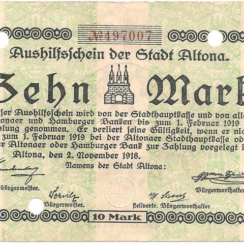 Шлезвиг-Гольштейн (Альтона), 10 марок, 1918 год (зеленый фон)