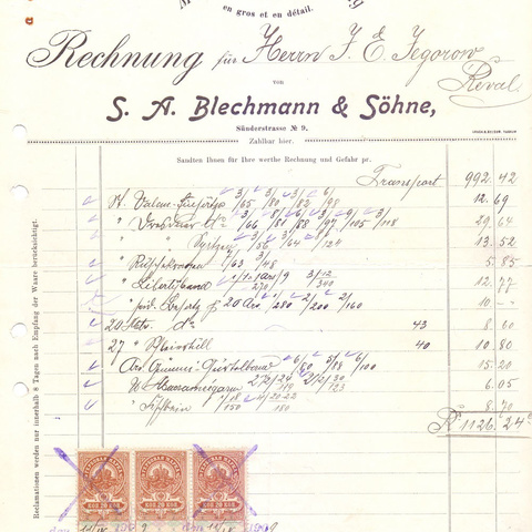 Счет магазина модных товаров "Бехман и Сыновья" в Ревеле, 1909 год