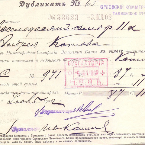 Дубликат квитанции Орловского коммерческого банка тамбовского отделения 1902 год