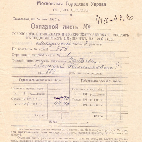 Окладной лист Московской Городской Управы 1916 год