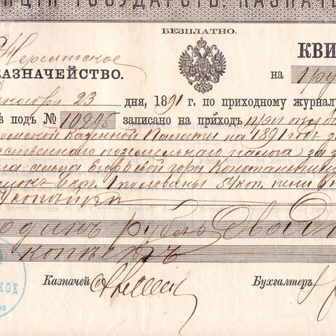 Нерехтское казначейство, квитанция, 1891 год - Кострома