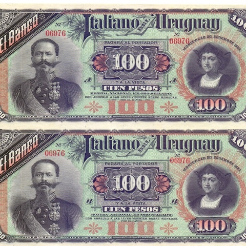 100 песо, 1887 год  UNC (Итальянский Уругвай)