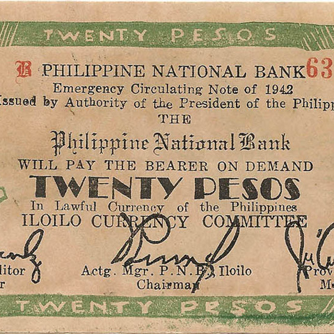 Национальный Банк Филиппин. Сертификат в 20 песо. 1942 год