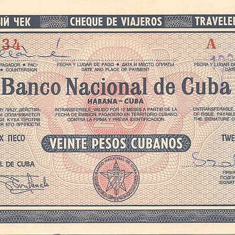 Дорожный чек 20 кубинских песо (выдан в 1984 ?)