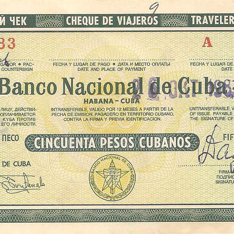 Дорожный чек 50 кубинских песо (выдан в 1983)