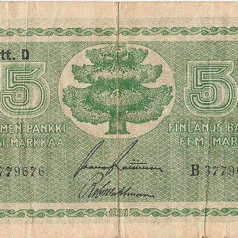 5 марок, 1939 год (Litt.D, иные подписи)