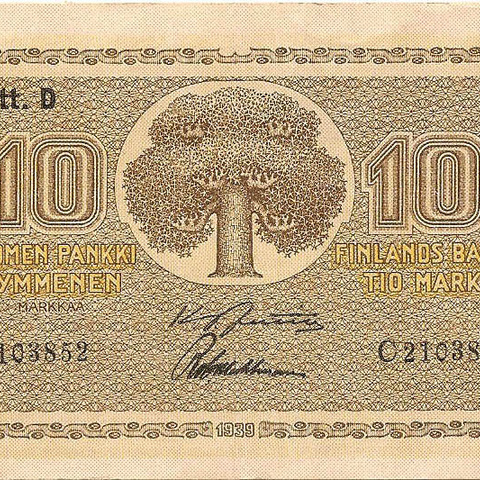 10 марок, 1939 год (Litt.D, иные подписи)