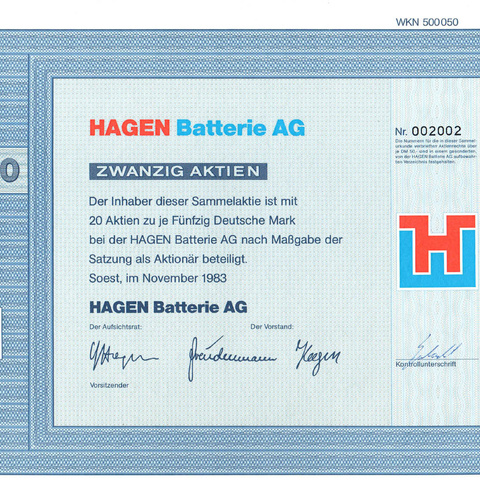 Германия - Аккумуляторные батареи (Hagen Batterie AG), акция 1000 марок, 1983 год