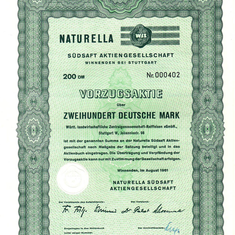 Германия - Продукты, Naturella Sudsaft AG, акция 200 марок, 1961 год
