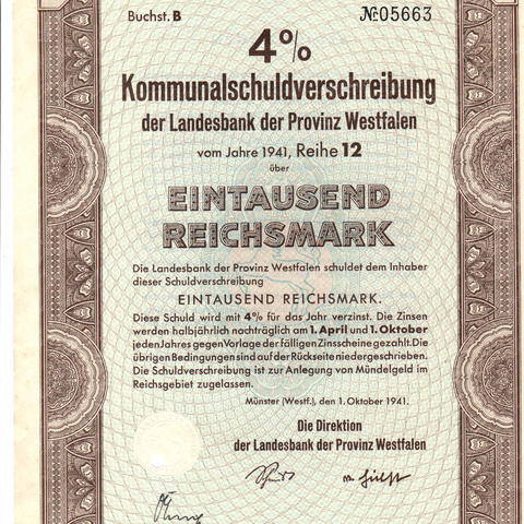 Германия - Земельный банк Вестфалии, заем 1000 рейхсмарок, 1941 год