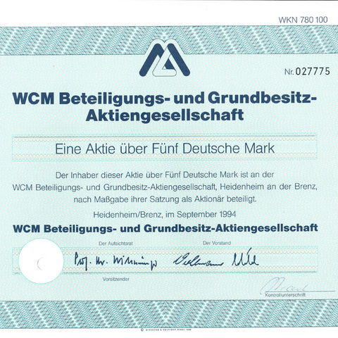 Германия - Недвижимость, WCM Beteiligungs- und Grundbesitz-AG, акция 5 марок, 1994 год