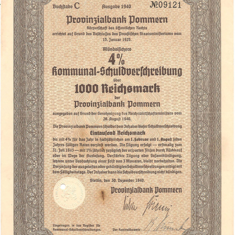 Германия - Банк Померании, заем 1000 рейхсмарок, 1940 год