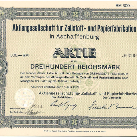 Германия - Ашафенбург, Общ-во бумажного производства, акция 300 рейхсмарок, 1929 год