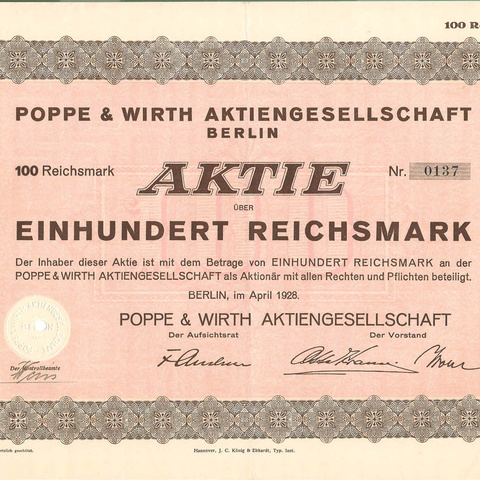 Германия - Берлин, Общ-во Поппе и Вирта (химическая промышленность), акция 100 рейхсмарок, 1928 год