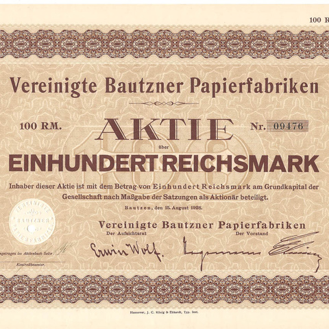 Германия - Баутцен, Бумажная фабрика, акция 100 рейхсмарок, 1928 год