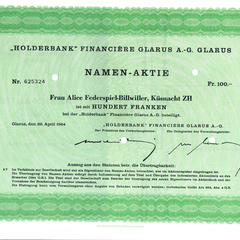 Швейцария - Банк, Holderbank Financiere Glarus AG, акция 100 франков, 1964 год