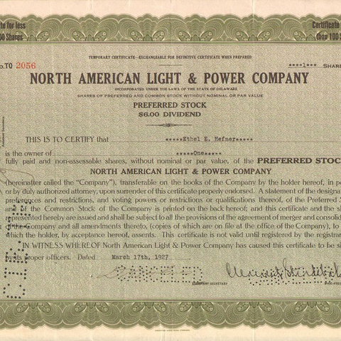 Акция Северо-Американской энергетической компании, 1927 год - США