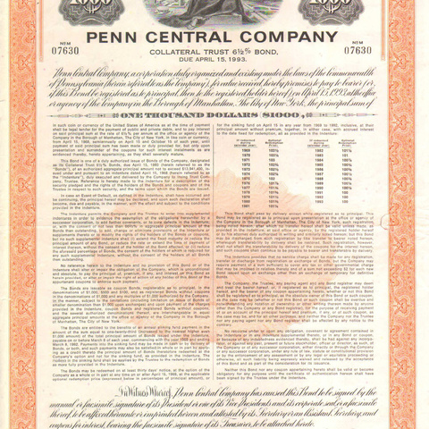 Облигация Пенсильванской центральной компании, 1968 год - США