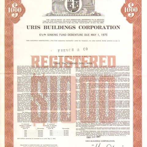 Облигация Агентства недвижимости Урис здания корп., 1960 год - США