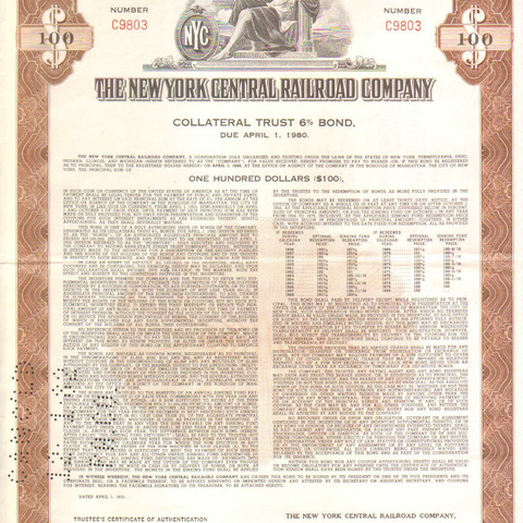 Облигация Нью-Йоркской центральной ЖД компании, 1955 год - США