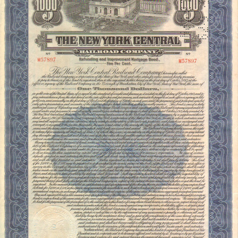 Облигация Нью-Йоркской центральной ЖД компании, 1913 год - США