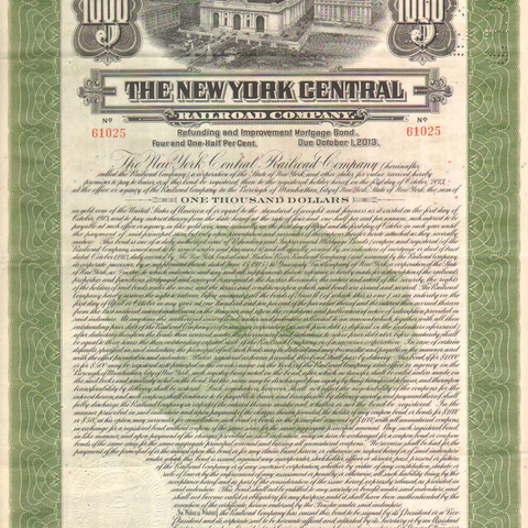 Облигация Нью-Йоркской центральной ЖД компании, 1913 год - США