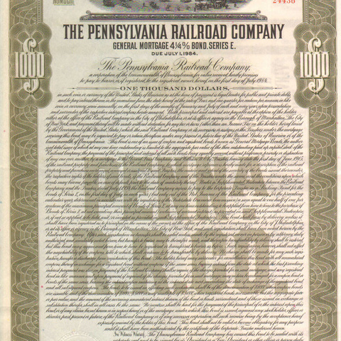 Облигация Пенсильванской ЖД компании, 1934 год - США