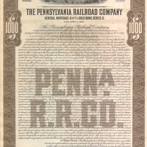 Облигация Пенсильванской ЖД компании, 1931 год - США