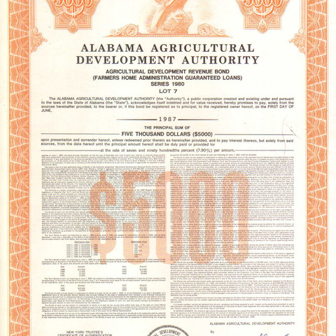 Облигация Предприятия по развитию сельского хозяйства Алабамы, 1980 год - США