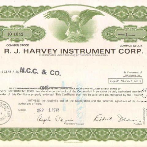 Акция Корпорации Харви инструмент, 1978 год - США