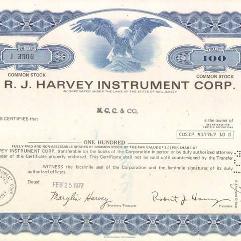 Акция Корпорации Харви инструмент, 1977 год - США
