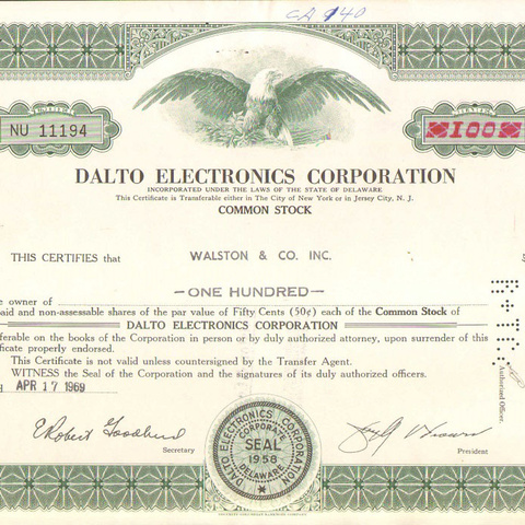 Акция Корпорации Далто электроникс, 1969 год - США