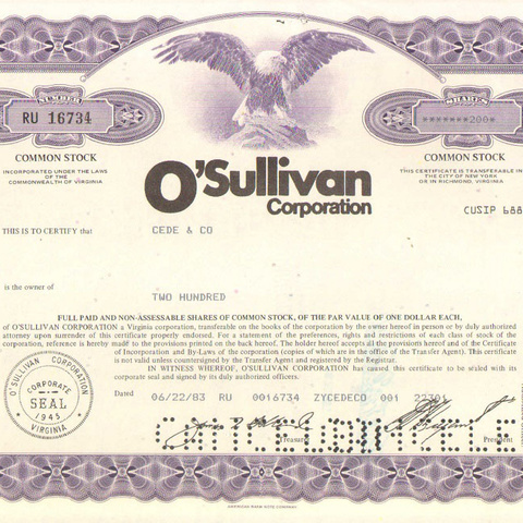 Акция О Сулливан корпорации, 1983 год - США