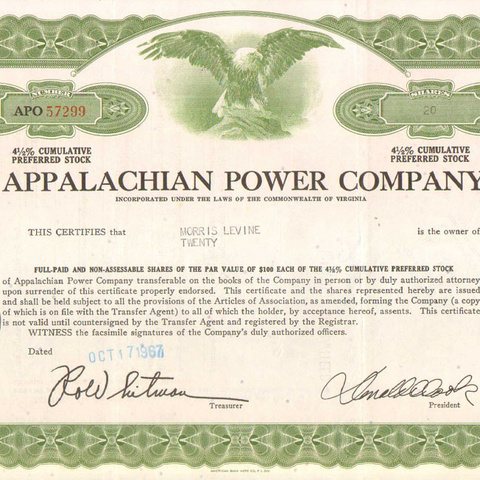 Акция Аппалачи энергетической компании, 1967 год - США