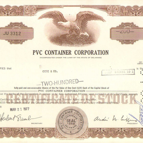 Акция ПВХ контайнер корпорации, 1977 год - США