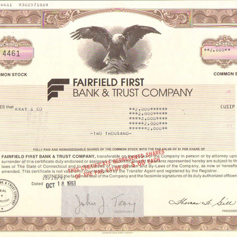 Акция Фэрфилдского первого банка, 1993 год - США