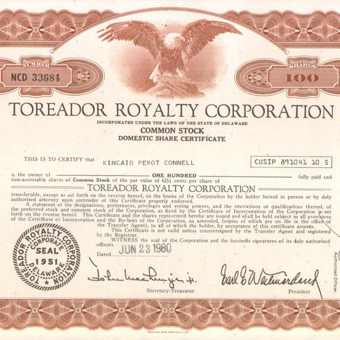 Акция Корпорации Тореадор роялти, 1980 год - США