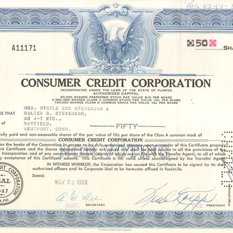 Акция Корпорации потребительского кредита, 1963 год - США