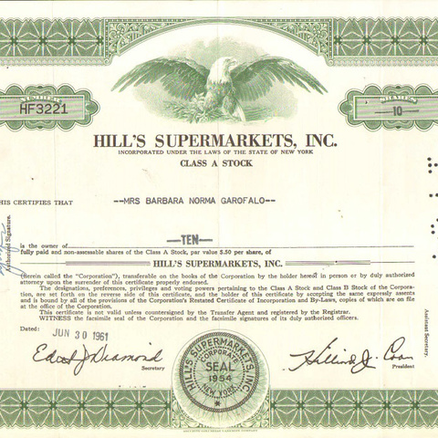 Акция Корпорации супермаркеты Хилла, 1961 год - США