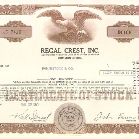 Акция Регал крест корпорации, 1971 год - США