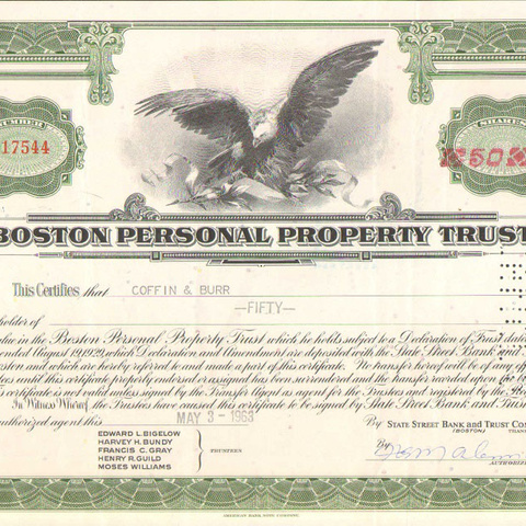 Акция Бостонской доверительной компании личного имущества, 1963 год - США
