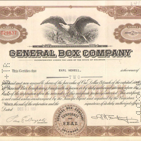 Акция Дженерал бокс компании, 1951 год - США