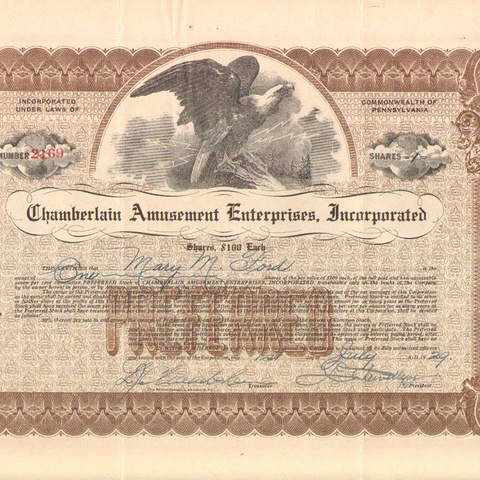 Акция Предприятия в области развлечений Чемберлена, 1929 год - США