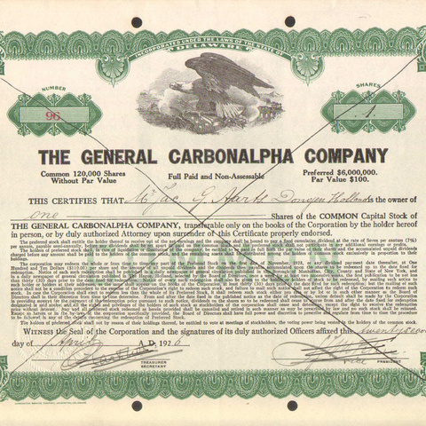 Акция Генеральной карбональфа компании, 1926 год - США