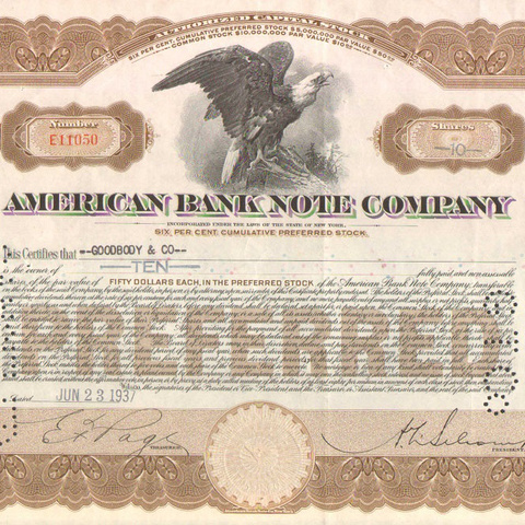 Акция Американской компании денежных купюр, 1937 год - США