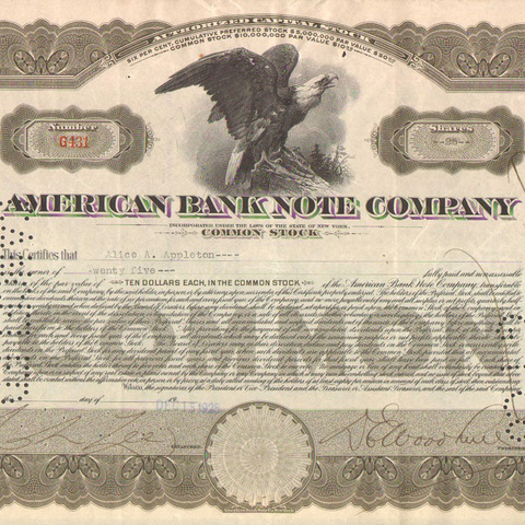 Акция Американской компании денежных купюр, 1925 год - США
