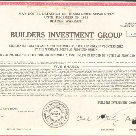 Акция Строительной инвестиционной группы, 1973 год - США