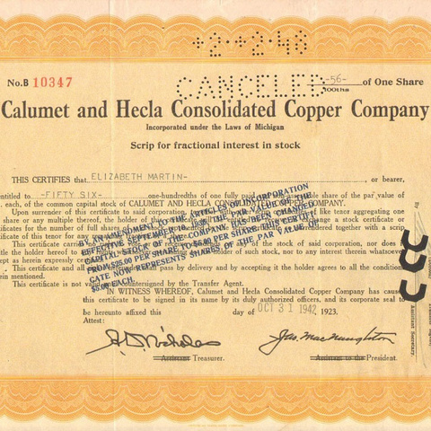 Акция Калумет и Хекла консолидированной медной компании, 1942 год - США